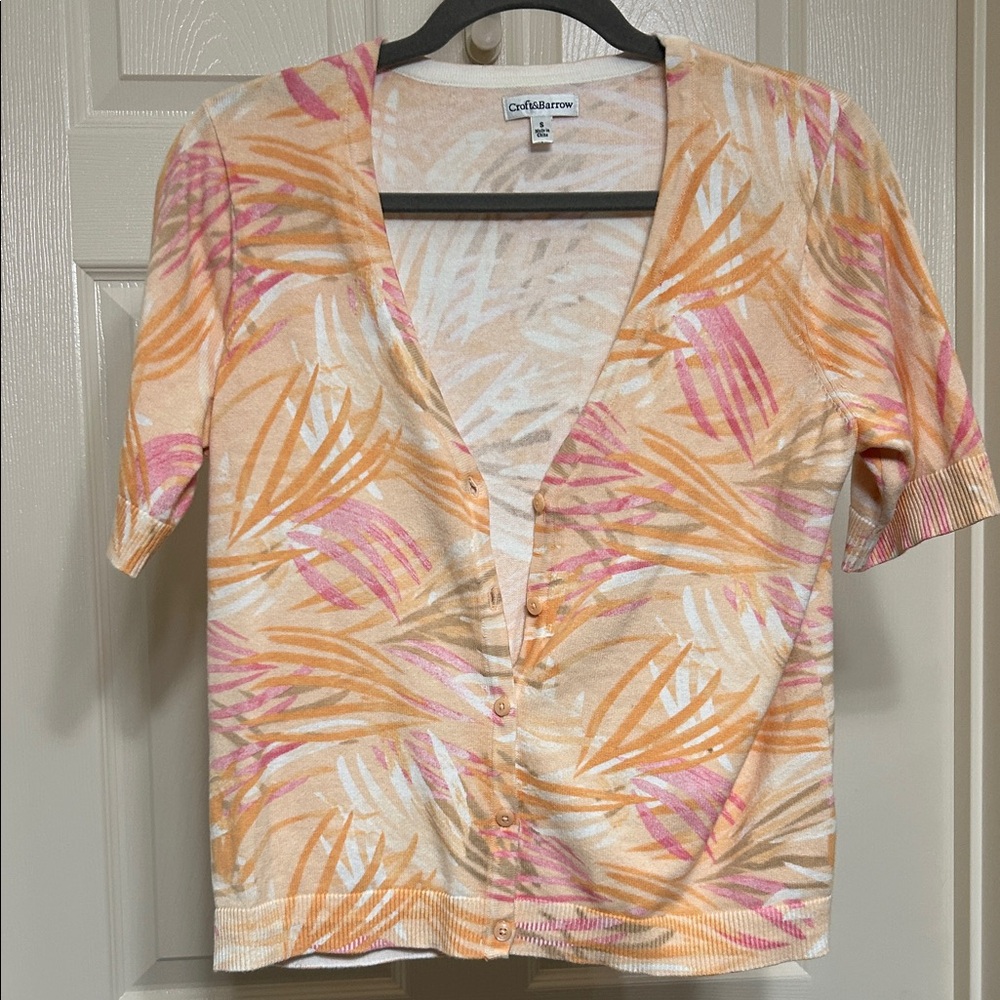 Croft & Barrow Cotton Peach Pink Cream Palm Tree Button Cardigan Short Sleeve S